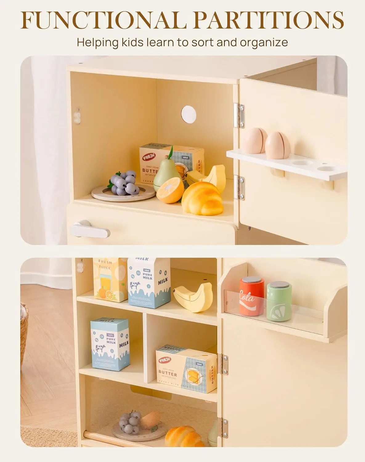 Réfrigérateur à jouets en bois pour enfants et tout-petits, réfrigérateur avec accessoires, jeu de simulation, congélateur avec P