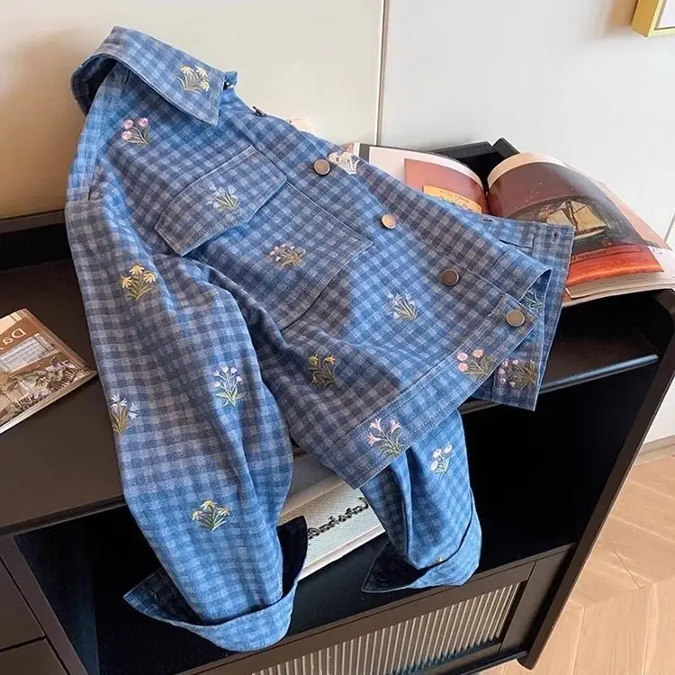 Americano retro azul xadrez floral lapela denim jaqueta feminina primavera e outono design sentido frito rua solta jaqueta topo