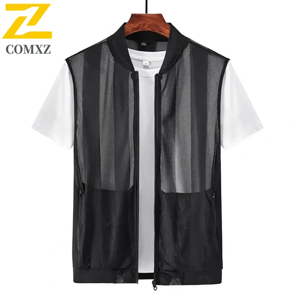 

Baseball Collar Sleeveless Pockets Zipper Placket Fishing Vest Summer Men Mesh Hollow Waistcoat 2025 New Athleisure Jacket