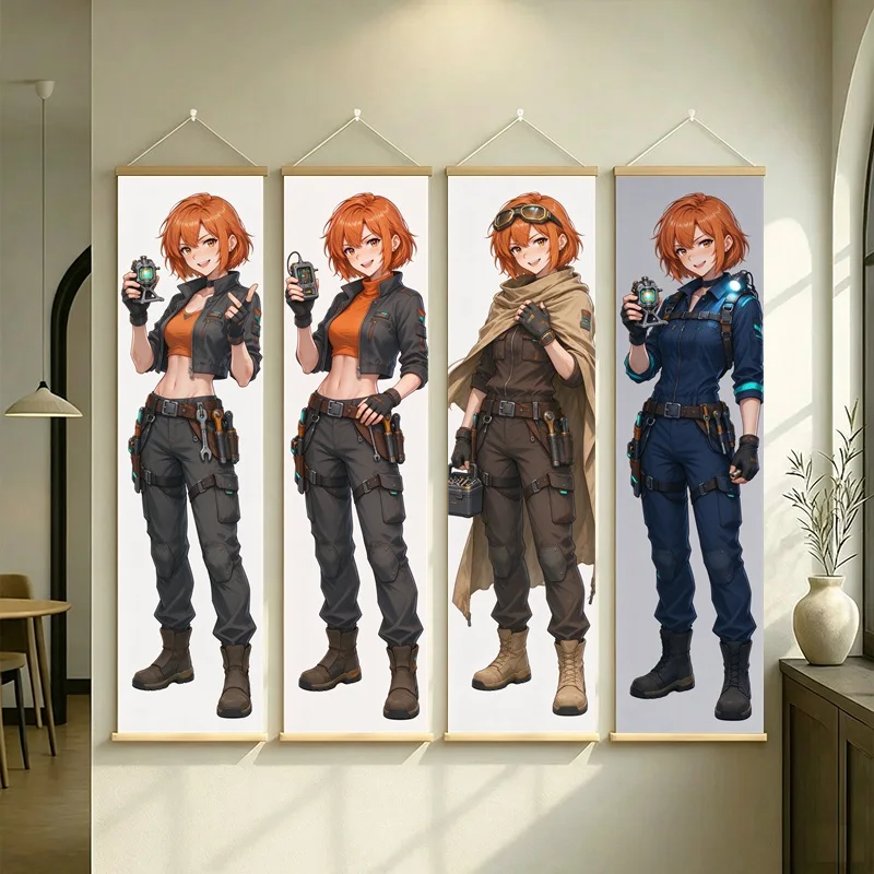 Orange Haired Anime Girl Hanging Scroll with Utility Outfits and Boots in Adventure Full Length Illustration for a Bedroom