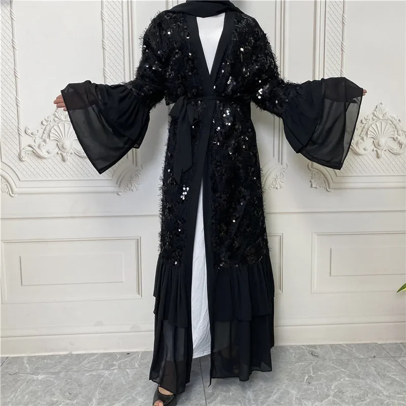 

Islamic Clothing Abaya Dubai Women Muslim Hijab Dress Mesh Pearl Kaftan Abayat Lace-up Ruffle Long Robe Caftan Marocain Abayas