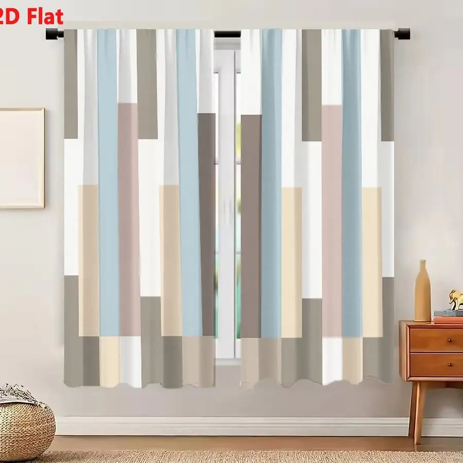 2Pcs Curtains 2D Flat Modern Abstract Geometric Pattern With Muted Beige Dusty Rose Light Blue Gray Taupe And Off-white In Asymm