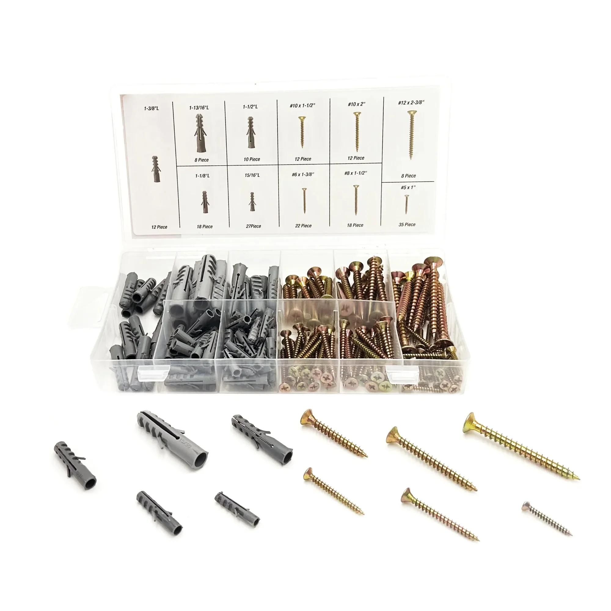 

Hyper Tough 182-Piece 1-Inch, Multi -Size, Zinc Plated Winged Anchor and Screw Kit with Clear Storage Case, 5511