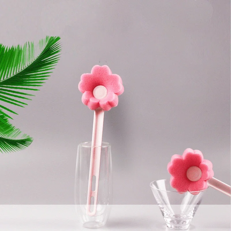 Cup Brush Long Handle Sponge Flower Cute Pink Glass Pot Brush for Wineglass Bottle Coffe Tea Glass Cup Kitchen Cleaning Tools 50