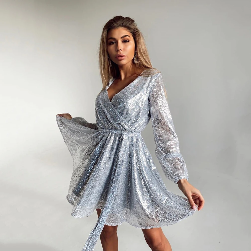 Customized Simple Sequin Prom Dresses V-Neck A-Line Above Knee , Longsleeve Belt Halloween Party