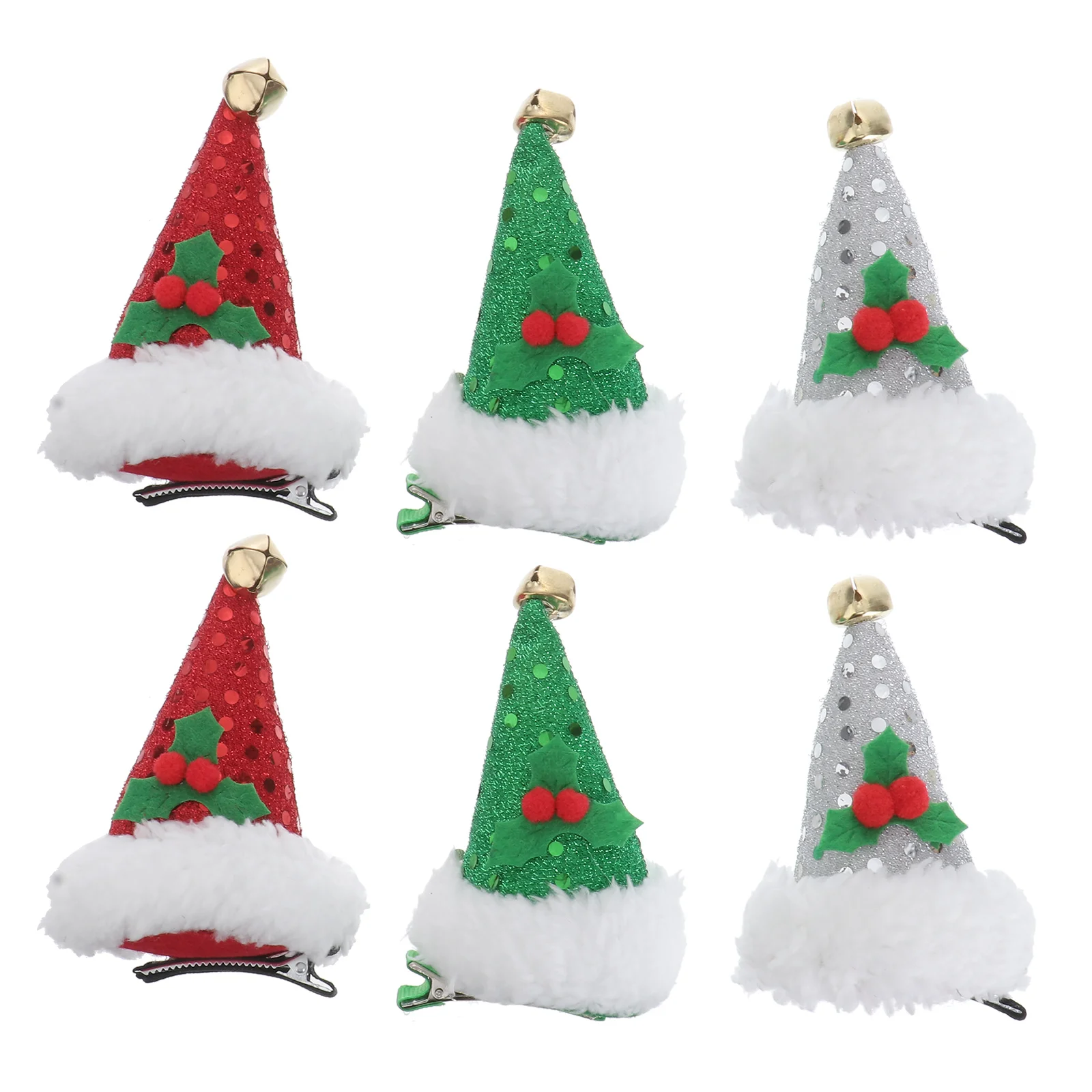 6pcs Shiny Sequin Christmas Hat Hairpin Red Green Silver Small Hat Hair Clip Festive Party Headwear Accessory For Girls Kids