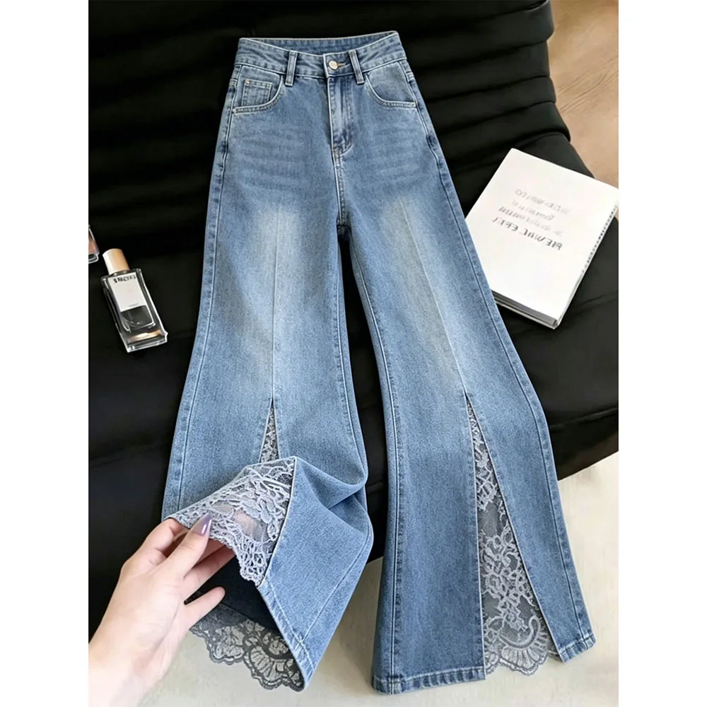 Fashion High Waist Flare Jeans Women Lace Spliced Slim Bootcut Pants Casual Loose Daily Outfit Split Hem Denim Pants