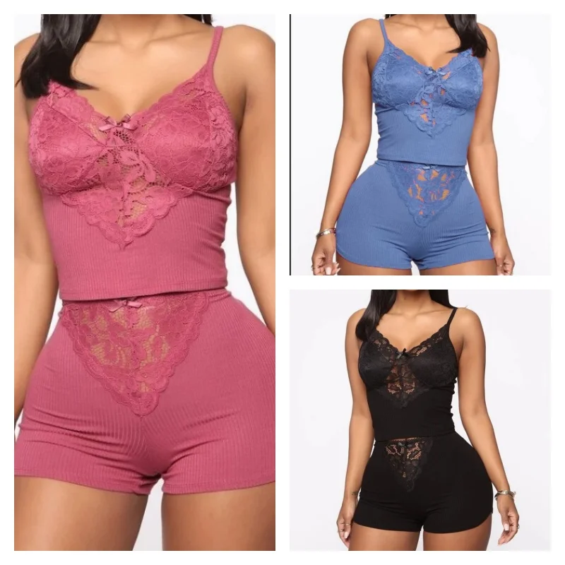 

Женская летняя пижама из двух предметов, короткая пикантная кружевная тонкая Домашняя одежда с подтяжками, мягкая однотонная эластичная Домашняя одежда с V-образным вырезом