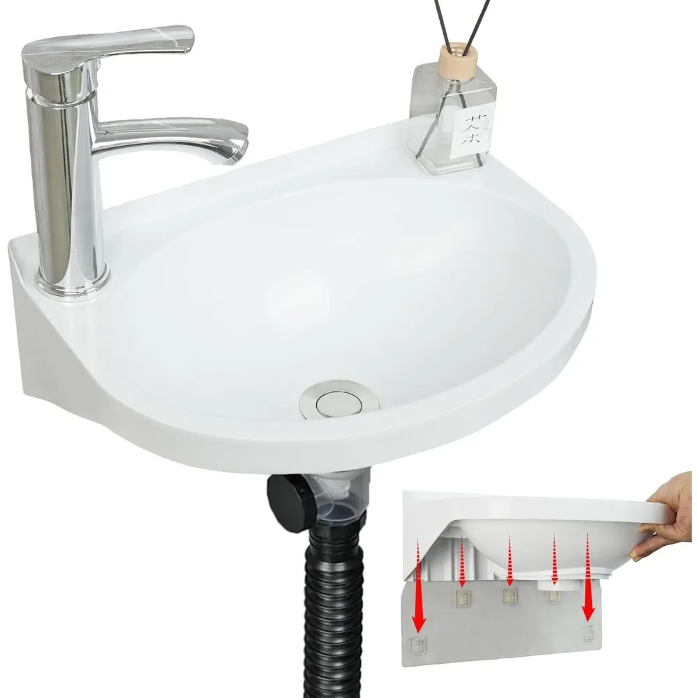 Compact Wall Mount Sink 157x11 Inch No Drill Self Adhesive Mini Washbasin with Faucet Hole for Bathroom RV Dorm Garage
