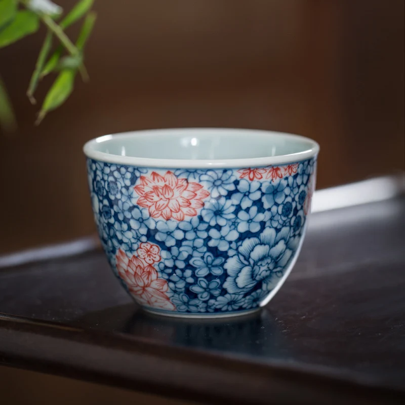 Kiln Blue and White Hand Drawn Flower Pattern Ceramic Tea Set Small Bottle Cup Inner Painting Tea Cup Kung Fu Tea Savoring Maste