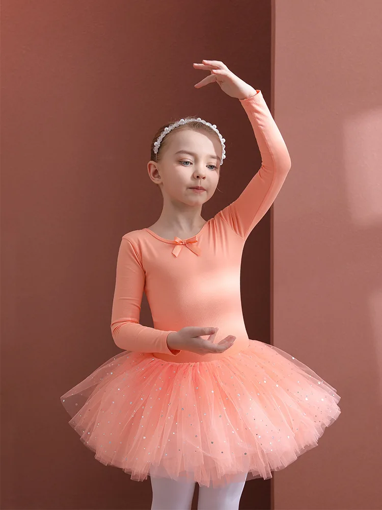 Girl Ballet Dress Sparkle Glitter Tutu Skirt Korea Design Sweet Princess Costume for Prom Children Bodysuit Gymnastic Orange