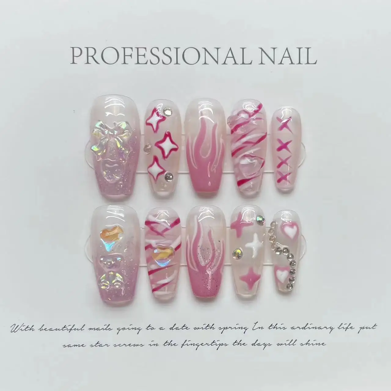 

10pcs Handmade Press On Nails Sweet Spicy Girl Style,Bright Student Bride Nails, Elegant New Trapezoid ShapeDetachable Nail Tips