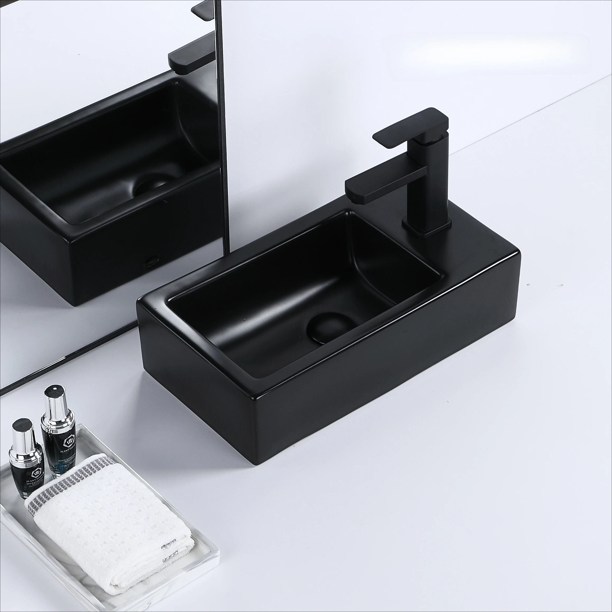 Hotel decorative counter top bathroom sink ceramic art basin matt black hand face wash basin