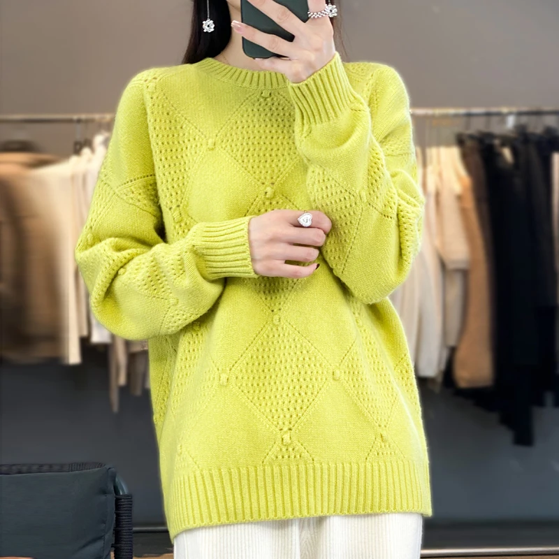 Winter dicke Frau Pullover neuen Stil Pullover weiblichen Pullover Langarm O-Ausschnitt lose große Tops 100% Wolle Strickkleid ung