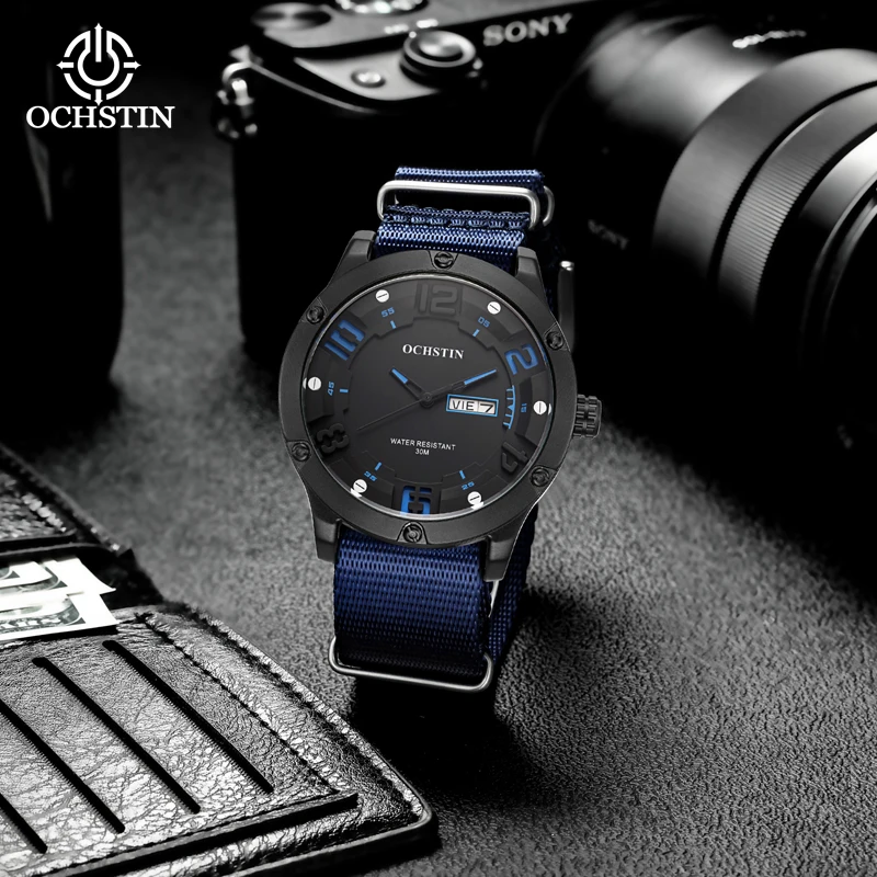 OCHSTIN Orologio da uomo al quarzo con data e settimana Orologi cinturino in nylon in pelle impermeabile Orologi da polso da uomo Sport militari Orologi maschili casual