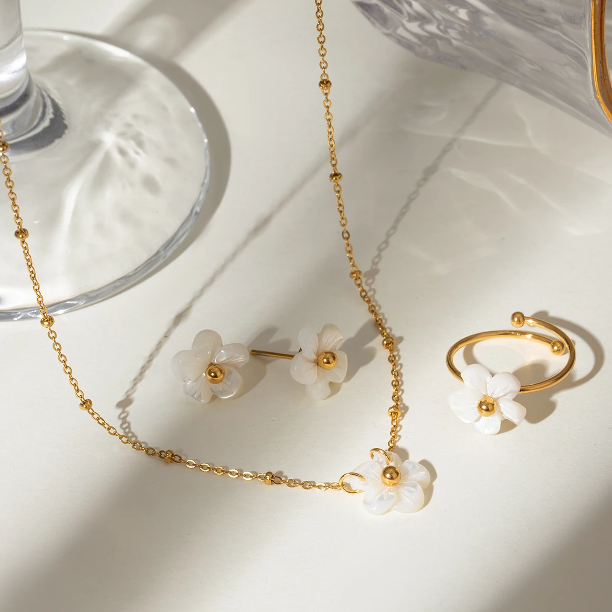 18K Gold Plated Stainless Steel Flower Open Ring & Necklace Set