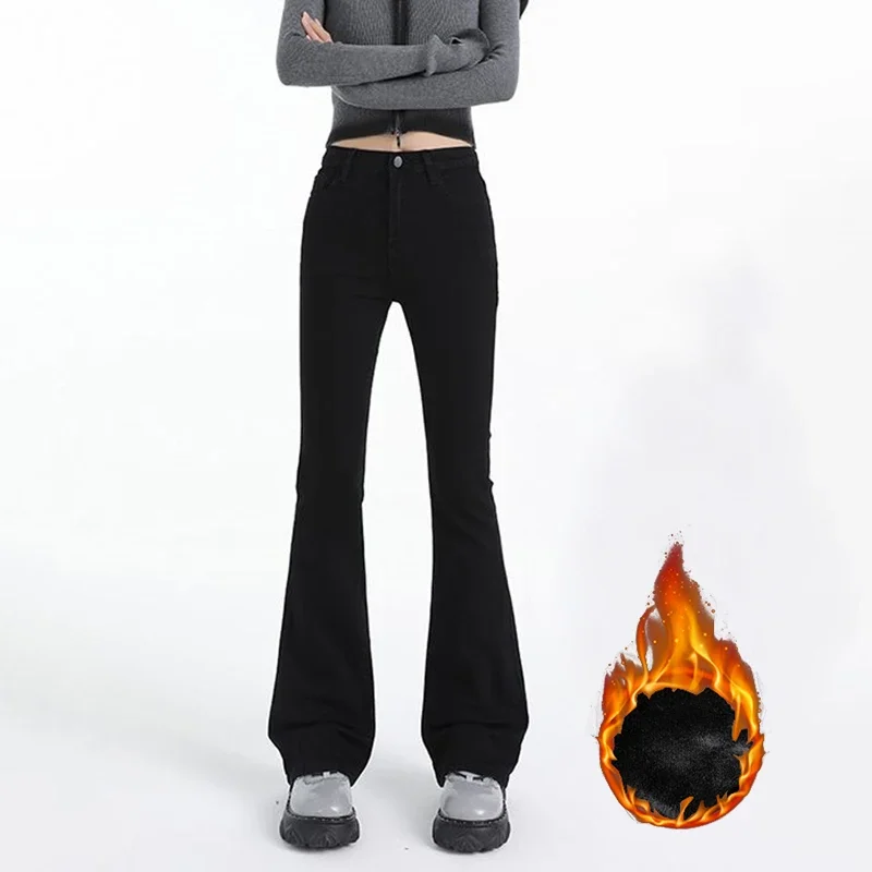 Pantalones vaqueros acampanados de felpa térmica de cintura alta para niña, pantalones vaqueros clásicos de lana fina para mujer, pantalones cálidos para la nieve a la moda para invierno