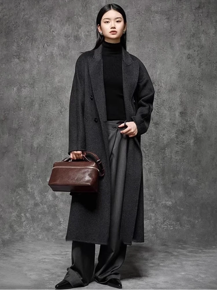 

Осень 2023, новинка Selena, повседневное свободное двустороннее шерстяное пальто, длинное двубортное пальто с воротником для женщин