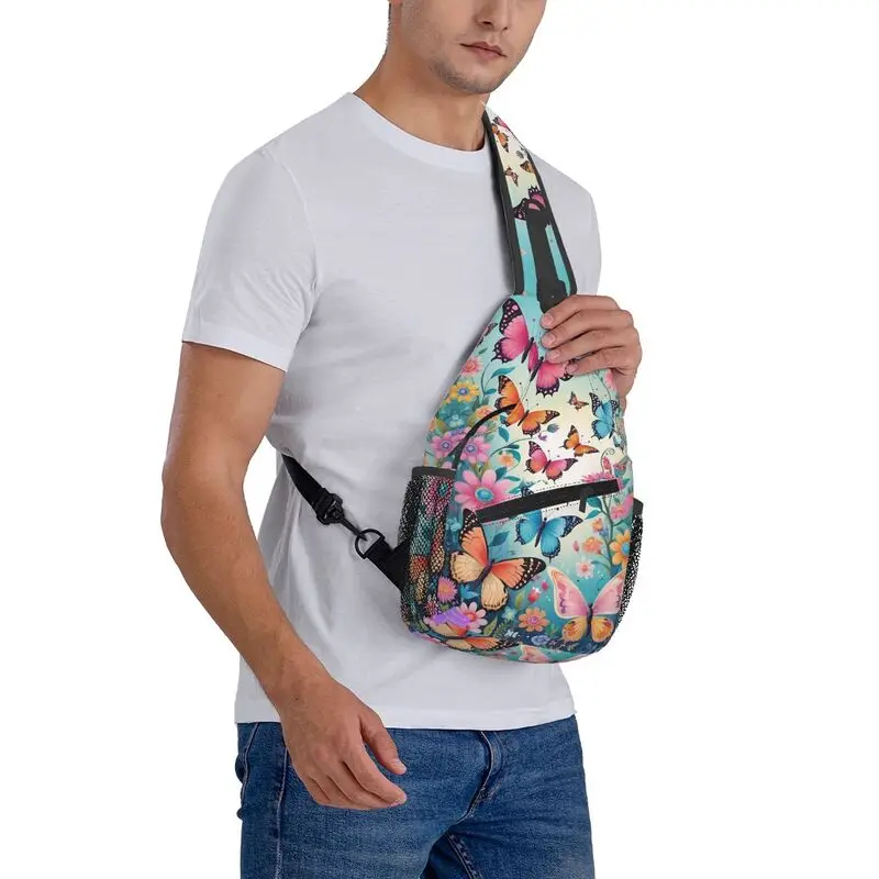 Mochila cruzada de mariposa colorida personalizada para hombres, bolsos de pecho de hombro para senderismo, moda