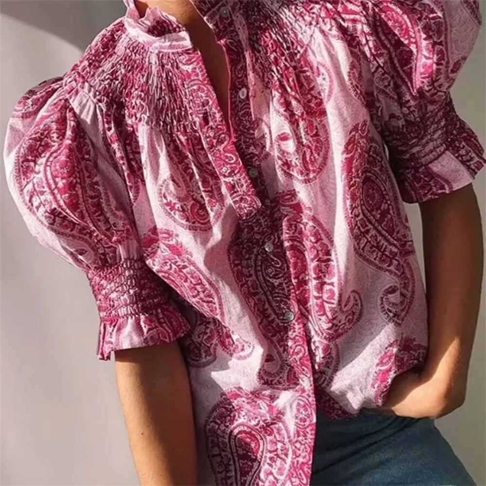 Taop&Za 2024 Summer New Product Women\'s Fashion and Casual Versatile Stand up Neck Printed Lantern Sleeve Top