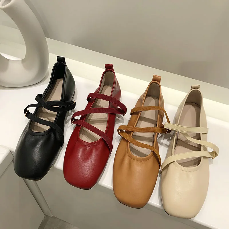 2024 Summer Red Brown New Women Flat Shoes Fashion Round Toe Shallow Slip On Ladies Elegant Mary Jane Shoes Casual Soft Ballerin