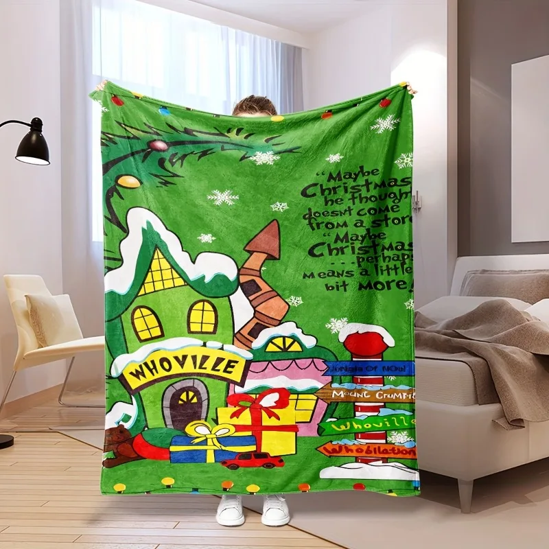 Festliche Flanelldecke mit grünem Weihnachtsdruck – gemütlicher, weicher Mehrzwecküberwurf mit skurriler Feiertagsdesign für das Heimbüro