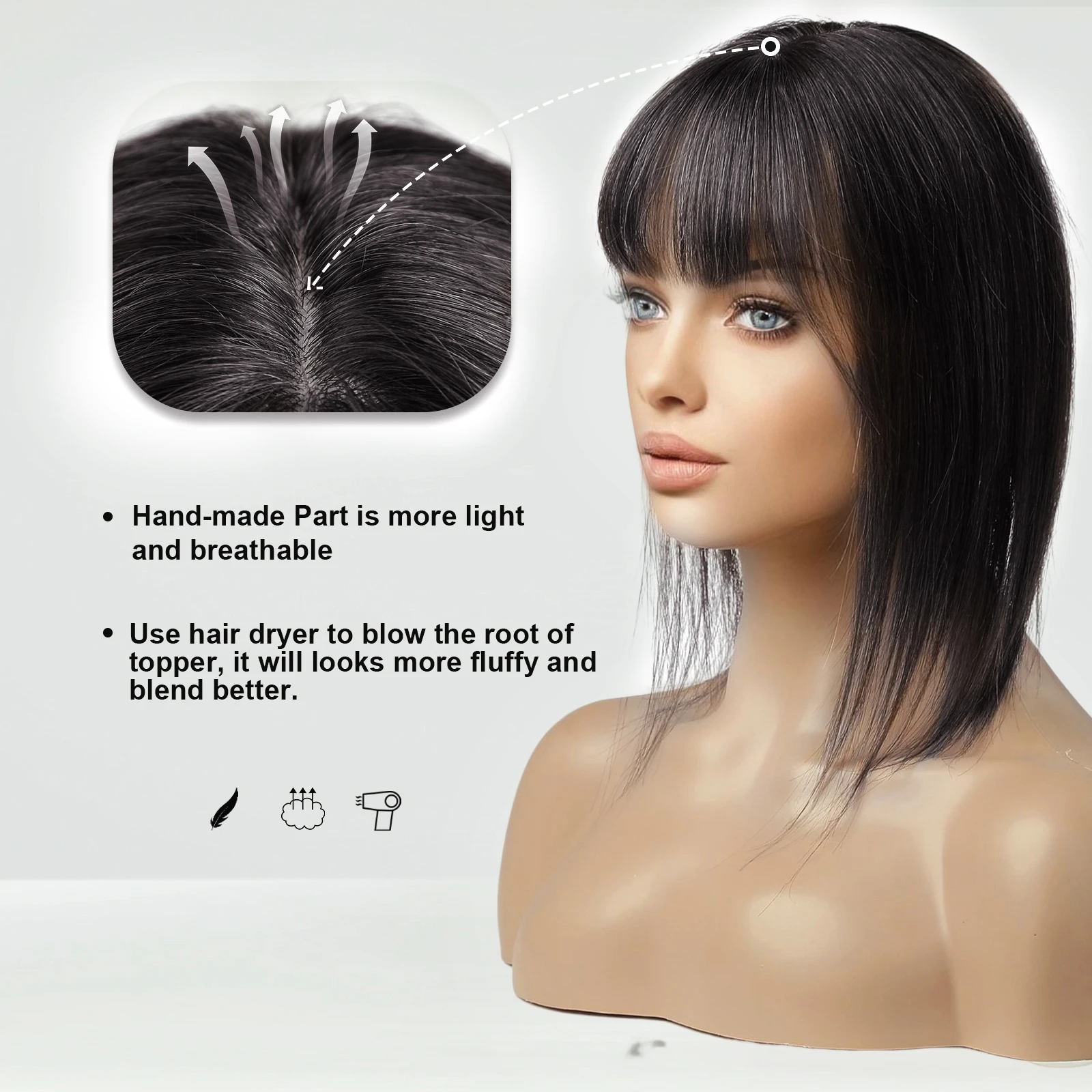 Remy cabelo humano topper com bangs para mulheres, cabelo preto natural pedaços, base de seda, clip in topper para queda de cabelo, 100%, 14"