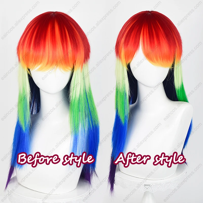 Peruka do cosplay Rainbow Dash 65cm długie peruki mieszane kolorowe żaroodporne włosy syntetyczne