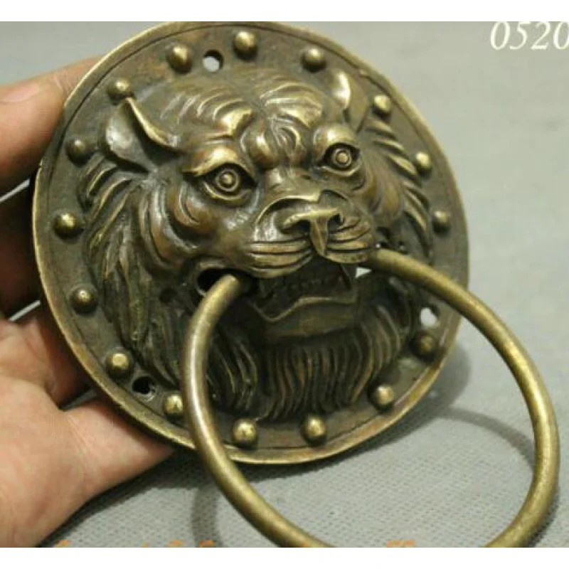 Folk Chinese BRASS Copper Recover Lion Head Mask Statue Door Door Knoer pair wholesale 2pcs Decoration copper real Brass