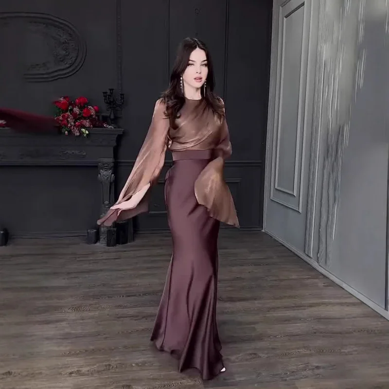 Robe longue en Satin pour femmes, Patchwork de fil de verre, manches larges, Slim, à la mode, élégante, nouvel an 2025