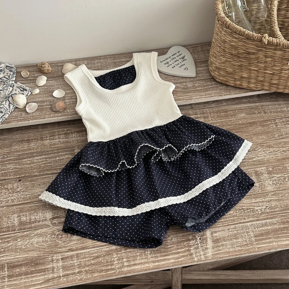 2026 Summer New Girls Sleeveless Vest Cute Polka Dot Splicing Tops Baby Girl Sweet Lace Vest Cotton Toddler Clothes
