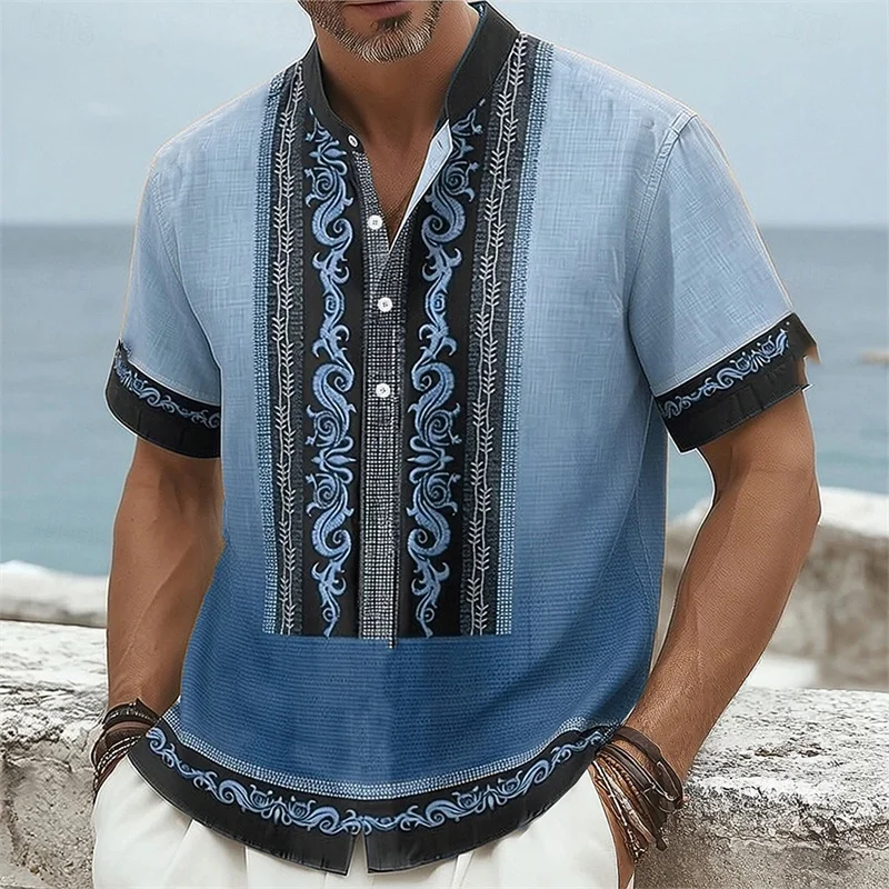 2026 Summer New Men's Stand Collar Ethnic Print Short-Sleeve Shirt, Gradient Blue Color Block Design, Casual Vacation Beach Top