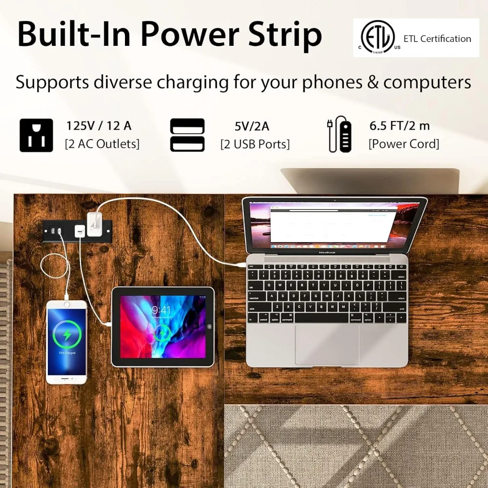 مكتب كمبيوتر على شكل سعة 48 لترًا، مكتب كتابة دراسة زاوية مع منافذ ومنافذ USB، محطة عمل كمبيوتر مكتبية منزلية #6