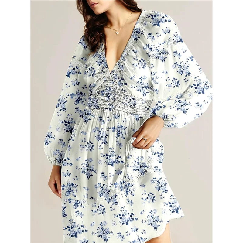 CYL-Women Fall Boho Floral V Neck Long Sleeve Smocked Elastic Waist Casual A-Line Mini Dress Sundress