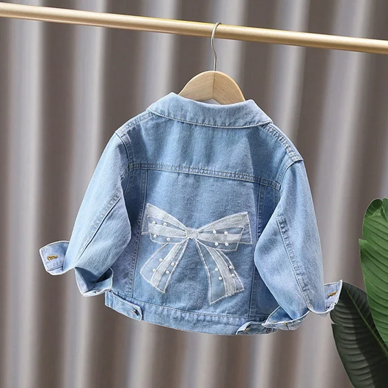 

Bow Pearls Beading Denim Jacket For Girls Coat Spring Autumn Children's Outerwear 2-14 Years Teenage Girls Clothes New Fashion