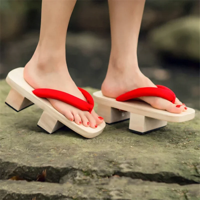 A Anime Cosplay Shoes Woman Log Paulownia Wooden Japanese Traditional Geta Clogs Slippers Shoes Flip Flops Outdoor Beach Sandals