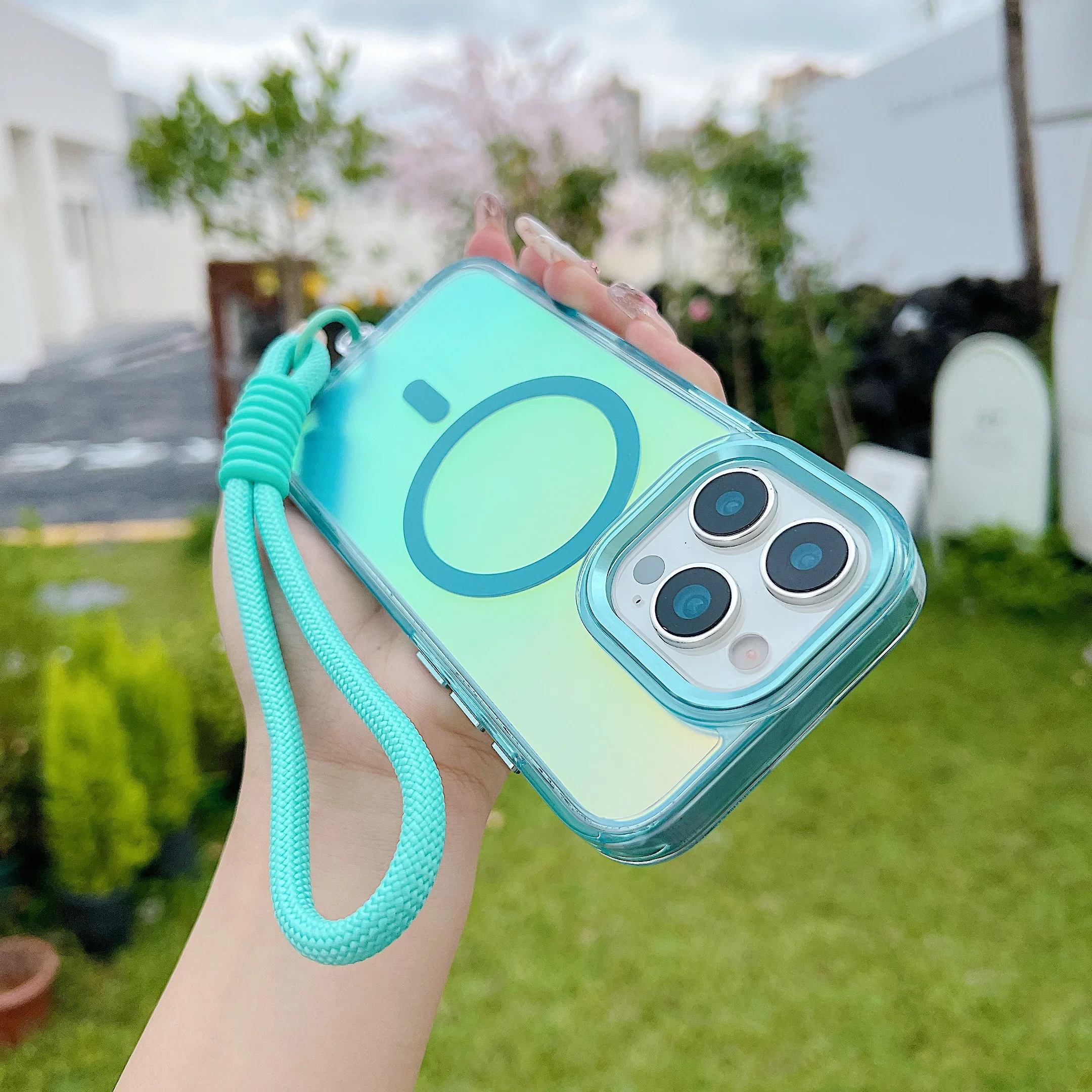 

Модный противоударный чехол с магнитным ремешком и лазерным градиентом для iPhone 17, 16, 15, 14, 13, 12, 11 Pro Max Plus 16E 17 AIR Magsafe Cover