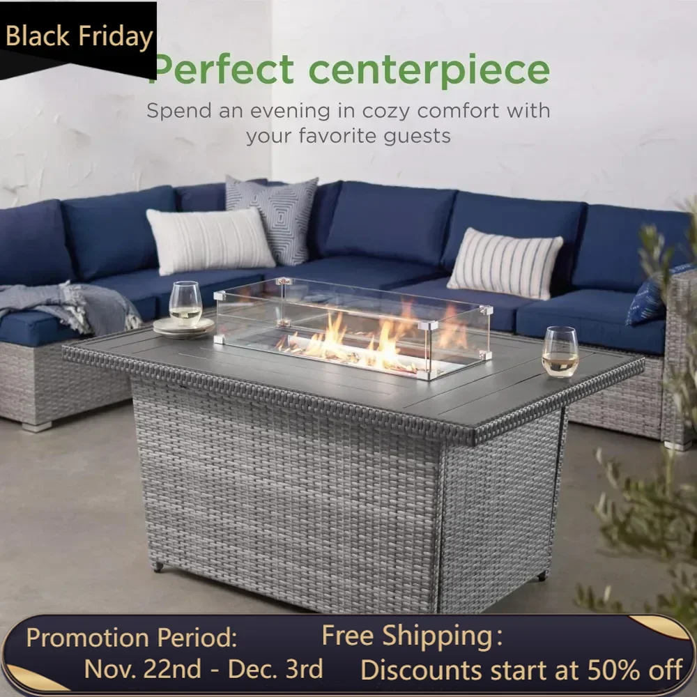 

Propane Gas Fire Pit Table, 52in 50000 BTU Outdoor Wicker Patio Aluminum Tabletop, Glass Wind Guard, Clear Glass Rocks, Fire Pit