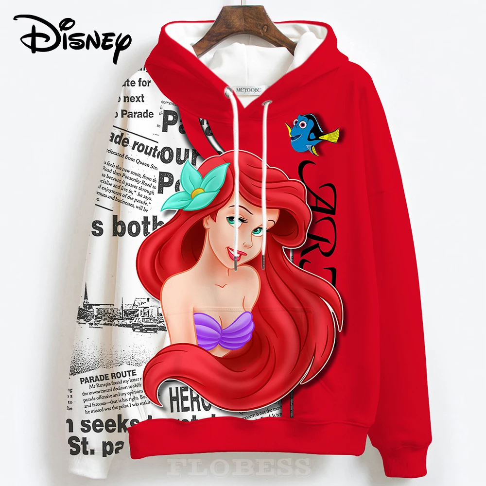 Disney Anime little Mermaid Ariel 3D Printing Red Hoodies Lady Autumn Winter Cute Out Coat Drop Shipping