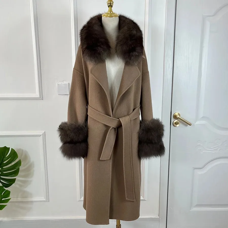 

New Cashmere Coat Women Wool Long Real Fox Collar Cuffs Jackets High Quality New Wool Blends Coat