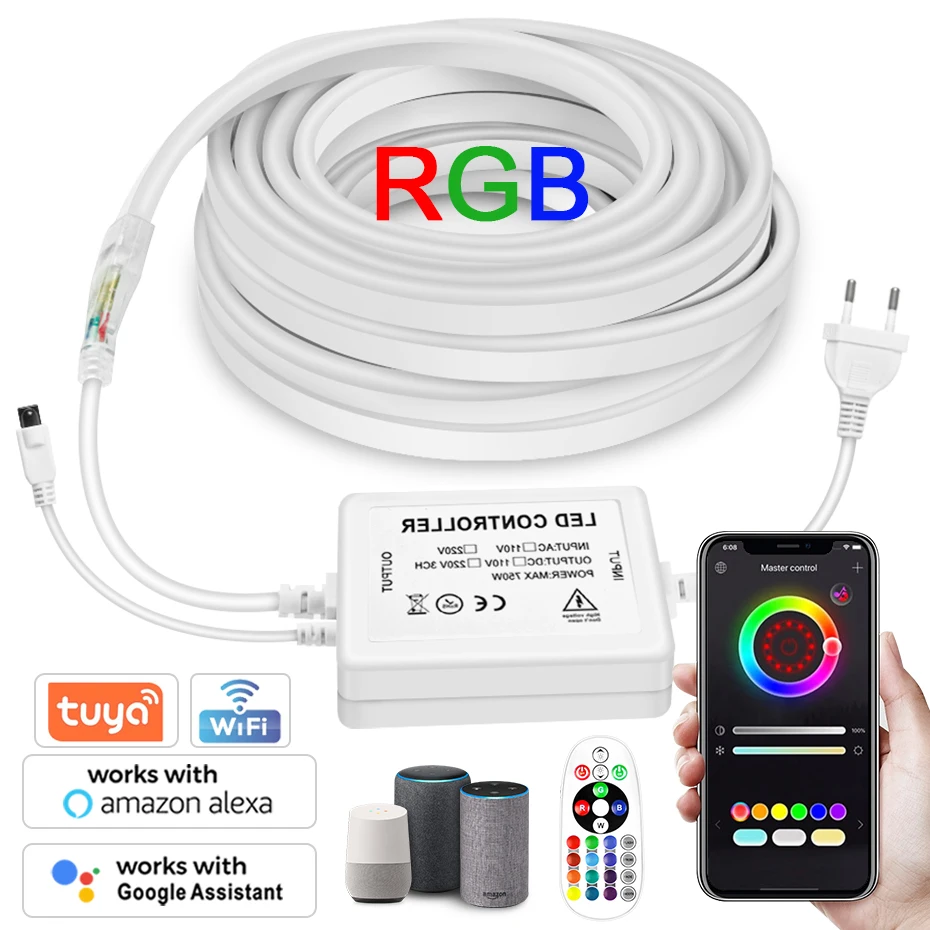 LED Neon Strip Light RGB 220V Flexible Neon Rope 5050 IP67 Multiple Color Changeable Tape Neon Sign Lamp Remote Bluetooth WiFi