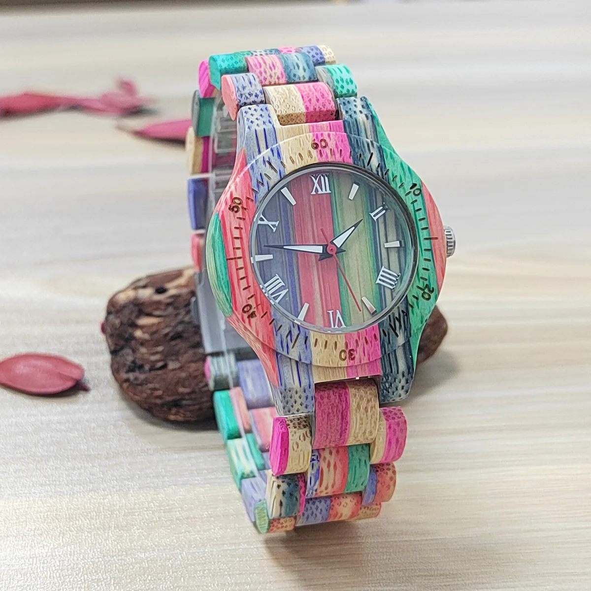 

Colorful Bamboo Strap Quartz Watch for Women Fashion Roman Numerals Small Dial Women's Wristwatch Wood Watches Clock Gifts