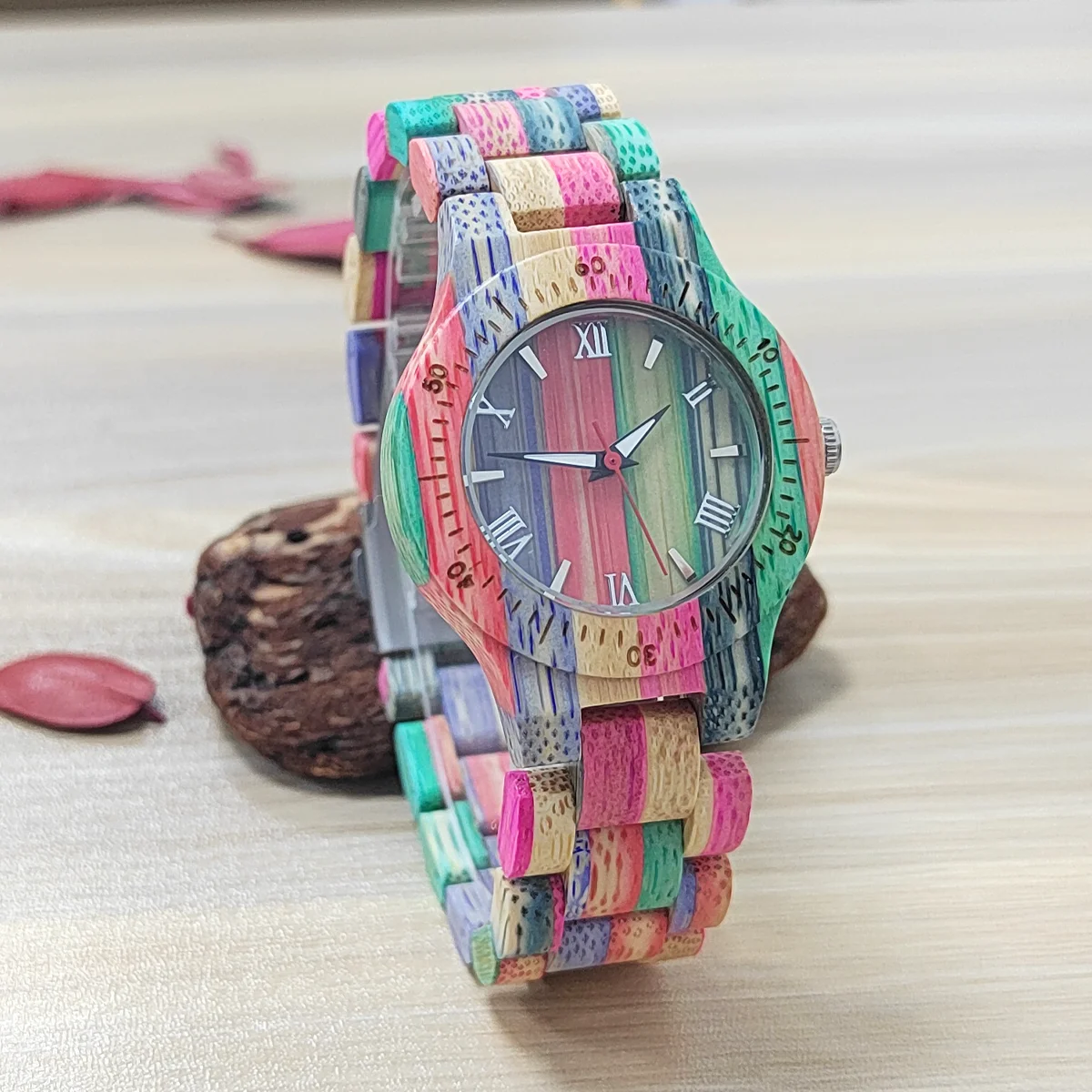 Kleurrijke Bamboe Band Quartz Horloge Voor Vrouwen Mode Romeinse Cijfers Kleine Wijzerplaat Dames Polshorloge Hout Horloges Klok Geschenken