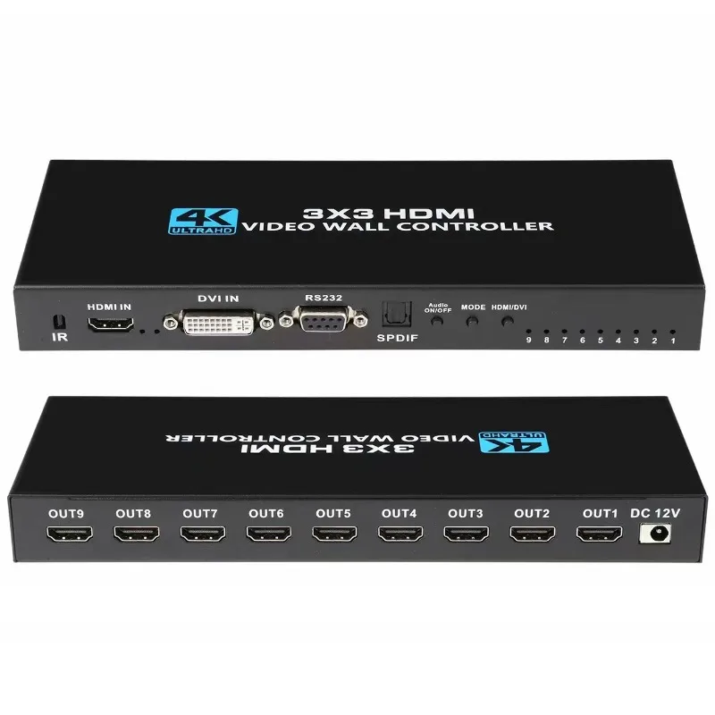 4K 3x3 HDMI Video Wall Controller, 1 in 9 Out 1080P 60Hz HDMI-compatible Switch, Support 13 Display Modes with RS232 Remote