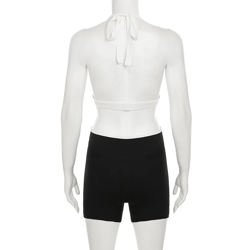 Color Patchwork Slim Skinny 2 Piece Set Women Tracksuits Sexy Lace Up Halter Backless Tank Crop Tops + Shorts Workout Yoga Suits