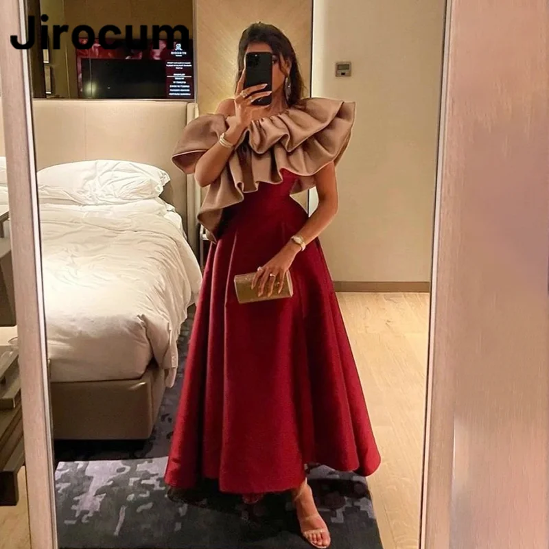 

Jirocum Off Shoulder Prom Gowns Women's Fashion Ruffled A Line Satin Party Evening Gown Ankle Length Saudi Formal Occasion Dress