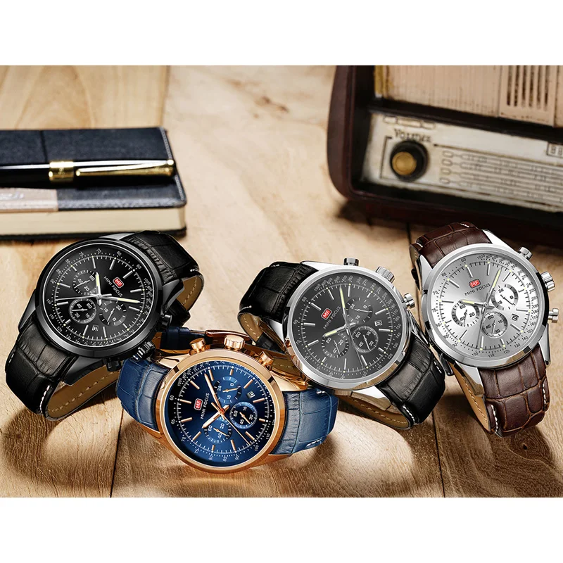 Top Brand Men's Leather Watch Luxury Quartz Watch Casual Business Sport Waterproof Chronograph Wristwatch with Date Display