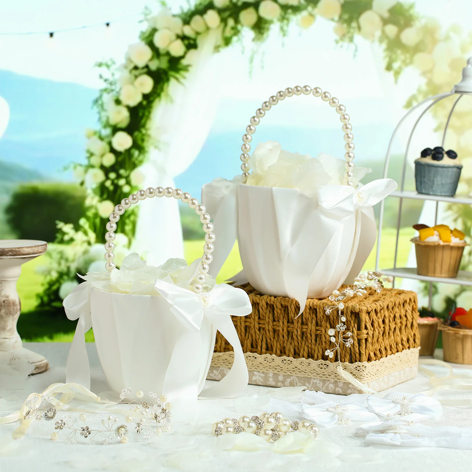 

10pcs Flower Basket Wedding Set White Wedding Decoration Accessories with 2 Sparkling Headband 2 Bracelet 2 Pairs Gloves 2 Pearl Bow Flower Basket & 1000ct Ivory Petals HomeRelax