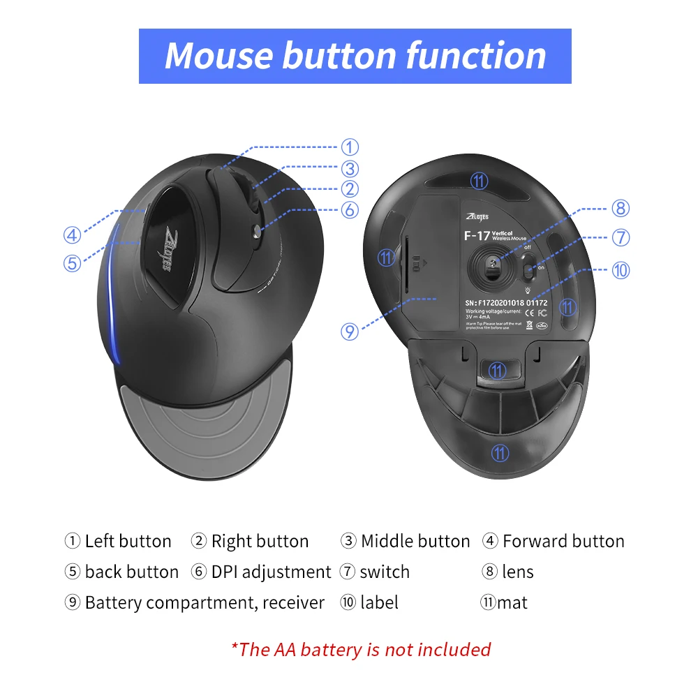 ZELOTES F-17 Vertical Mouse 2.4GHz Wireless Gaming Mouse 6 Keys Ergonomic Optical Mice with 3 Adjustable DPI for PC Laptop