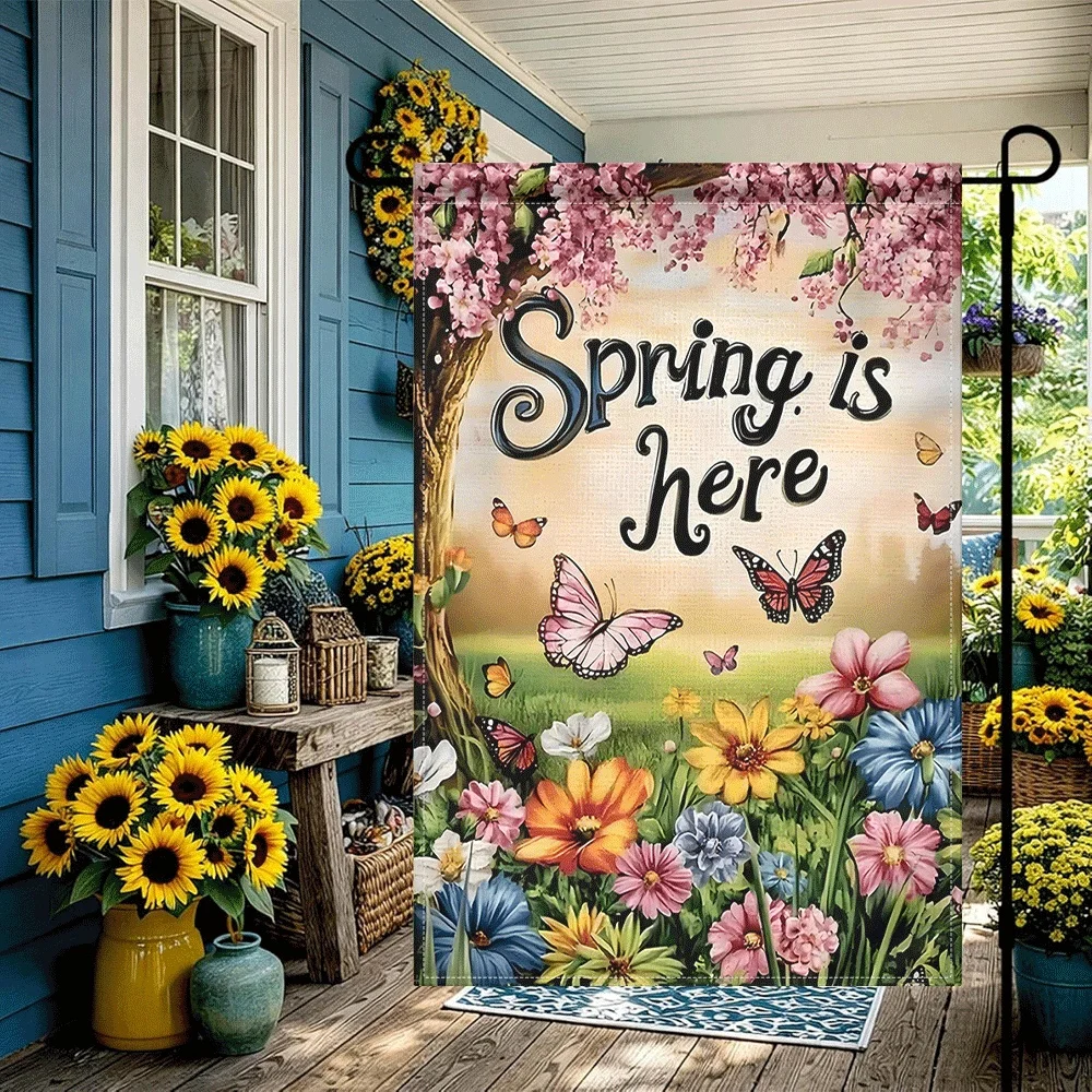

1PC Spring is Here Garden Flag Cherry Blossom Floral Butterfly Print Outdoor Decorative Banner for Yard Lawn Pa